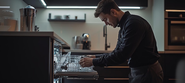 Professional Technician Servicing Dishwasher in Modern Kitchen with Expert Care and Attention to Detail