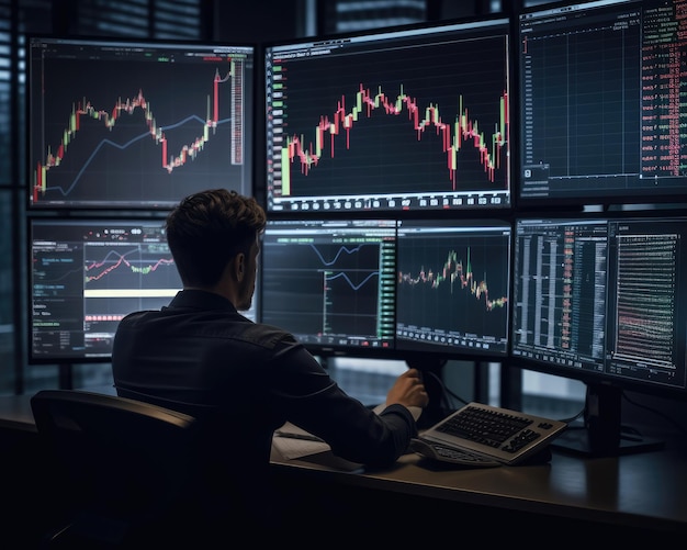 Professional trader investor set on desk and look at big trading charts screens