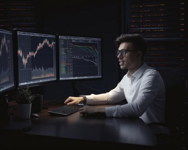 Professional trader investor set on desk and look at big trading charts screens