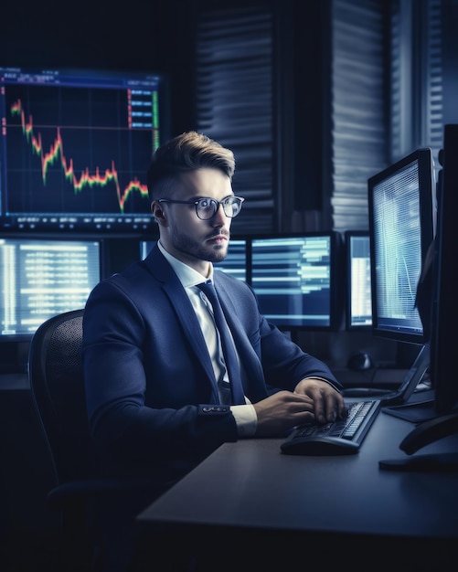 Professional trader investor set on desk and look at big trading charts screens