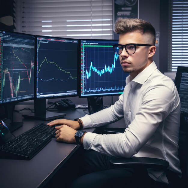 Professional trader investor set on desk and look at big trading charts screens