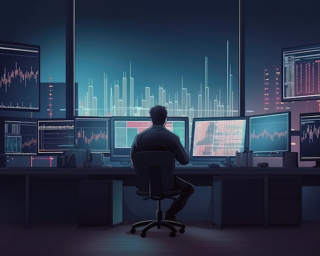 Professional trader investor set on desk and look at big trading charts screens