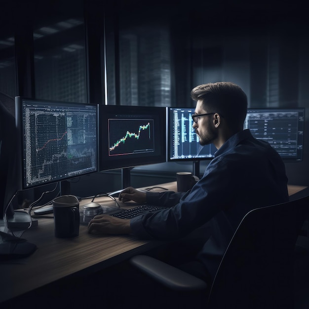 Professional trader investor set on desk and look at big trading charts screens