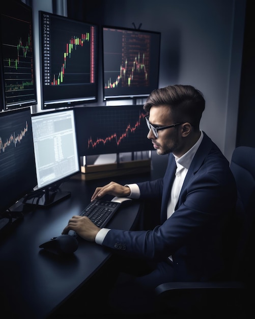 Professional trader investor set on desk and look at big trading charts screens