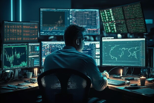 Professional trader in stock market forex or crypto financial manager in front of multiple screens