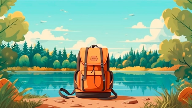 Professional travel backpack stands on the ground Forest by the lake in the background Sunny day Generative AI