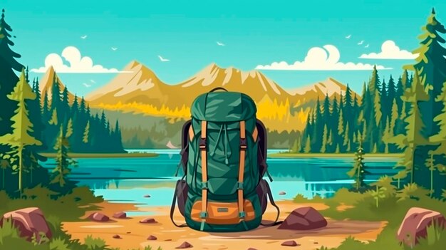 Professional travel backpack stands on the ground Forest by the lake in the background Sunny day Generative AI