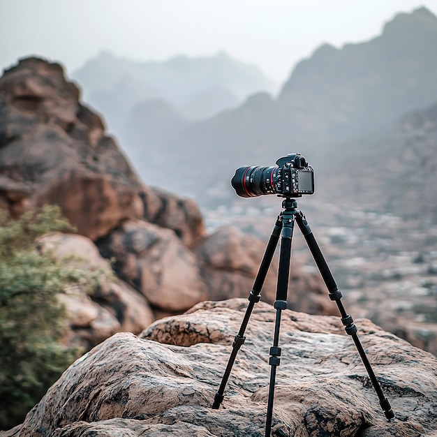 Photo professional tripod with the camera on the rock while taking photos mountains more red colors styl