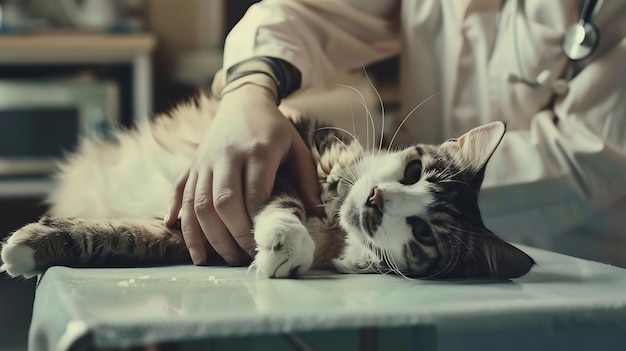 Photo professional vet doctor helps cat owner cat holding pet on hands cat on examination generative ai