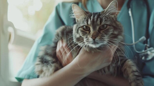 Photo professional vet doctor helps cat owner cat holding pet on hands cat on examination generative ai