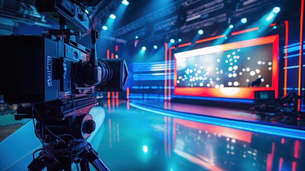 Photo professional video camera in a brightly lit tv studio with neon lights and large display screen in the background