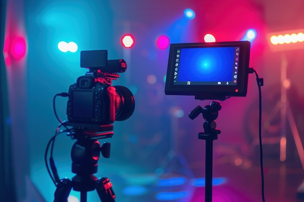 A professional video camera and monitor setup with vibrant blue and pink lighting in a studio environment Generative AI