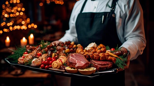 Professional waiter carrying a tray with savory meat dishes at a festive event Generative AI