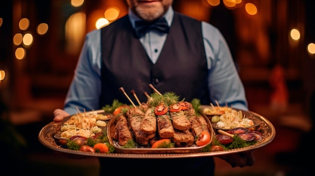 Professional waiter carrying a tray with savory meat dishes at a festive event Generative AI