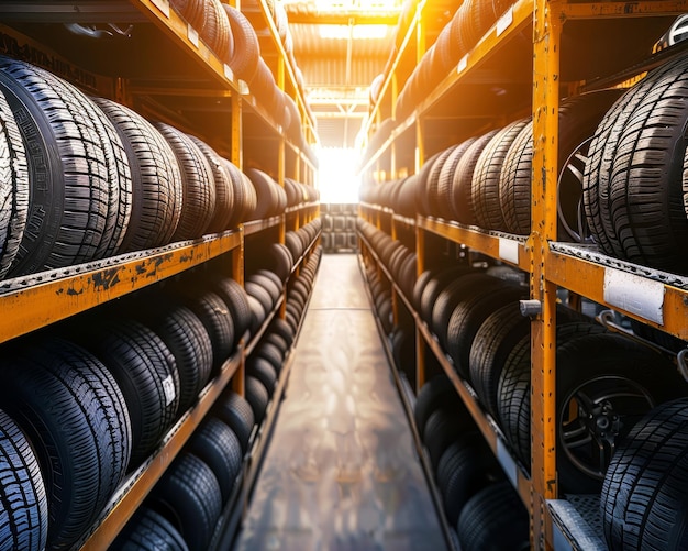 Professional warehouse tire display showcasing commercial sales operations and activities