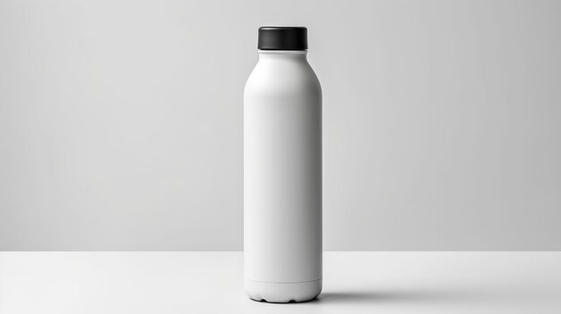 A professional Water Bottle in white with a smooth texture stretched and laid flat lay on a minimalist white mockup Generative AI