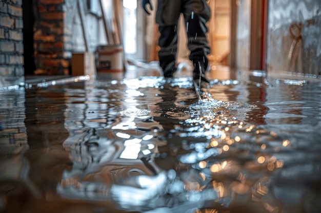 Photo professional water removal from a flooded basement caused by snowmelt or a pipe burst