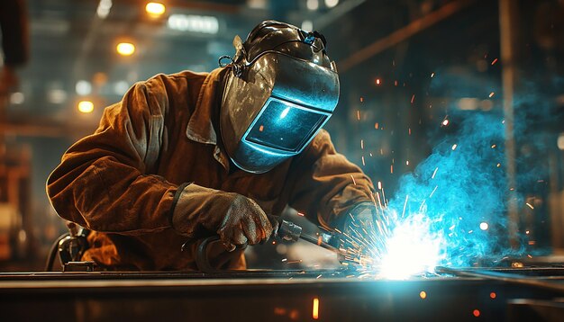 Photo professional welder at work with arc welding sparks flying