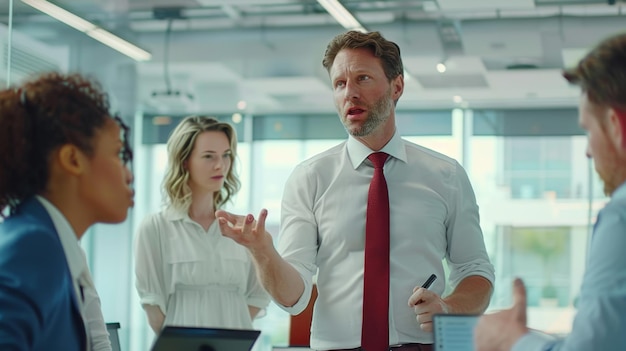 A professional in a white shirt and red tie actively engages in a discussion with colleagues around a conference table in a welllit modern office