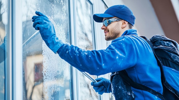 Photo professional window cleaning service worker in a blue uniform and gloves is using sponges