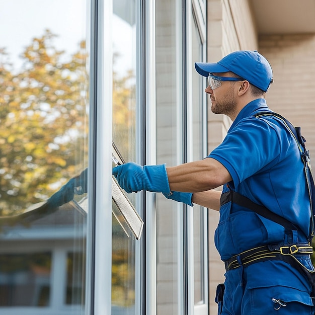 Professional window cleaning service worker in a blue uniform and gloves is using sponges