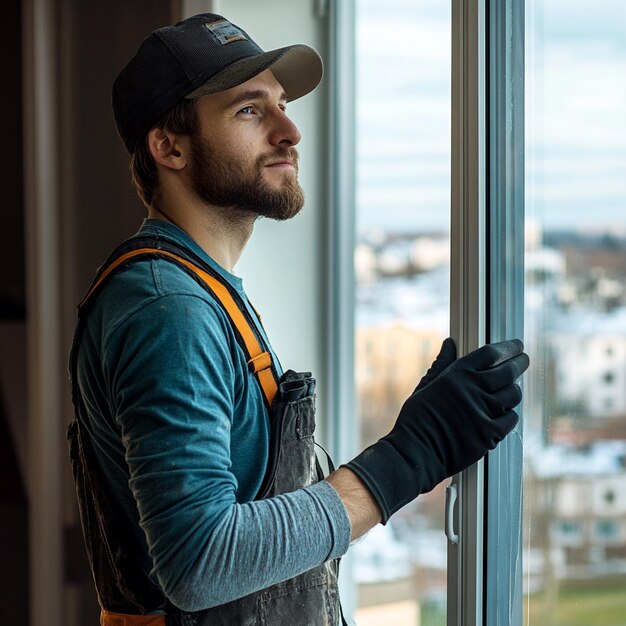 Photo professional window installation service worker is dressed in black workwear