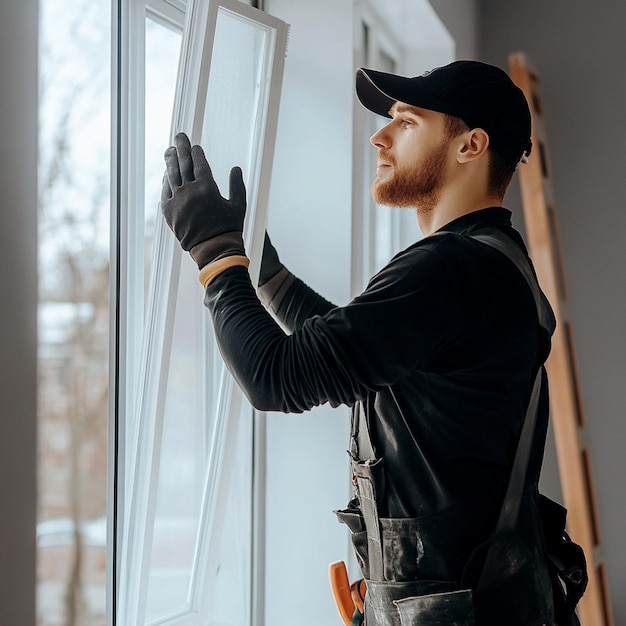 professional window installation service worker is dressed in black workwear