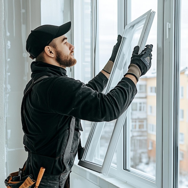 Photo professional window installation service worker is dressed in black workwear