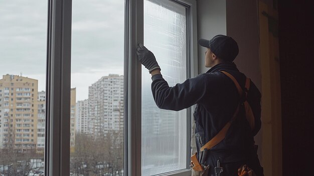 professional window installation service worker is dressed in black workwear