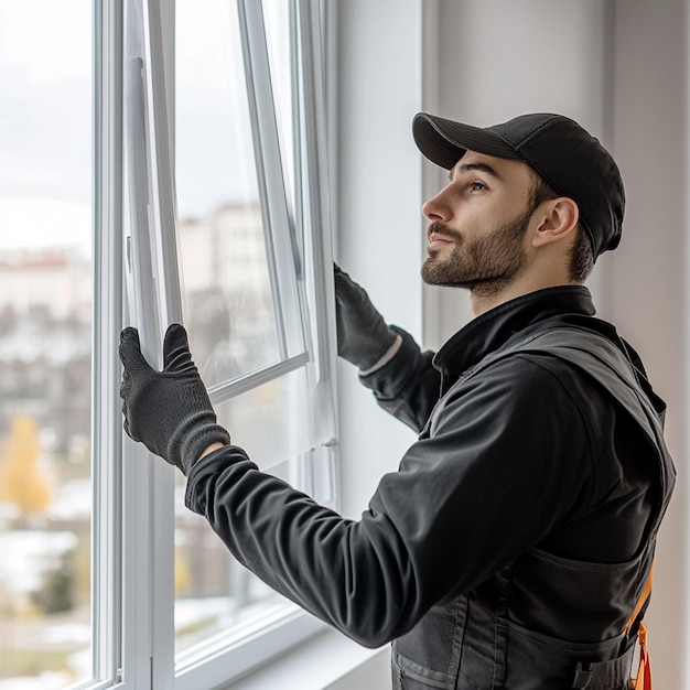 professional window installation service worker is dressed in black workwear