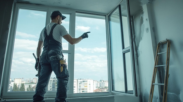 Photo professional window installation service worker is dressed in black workwear