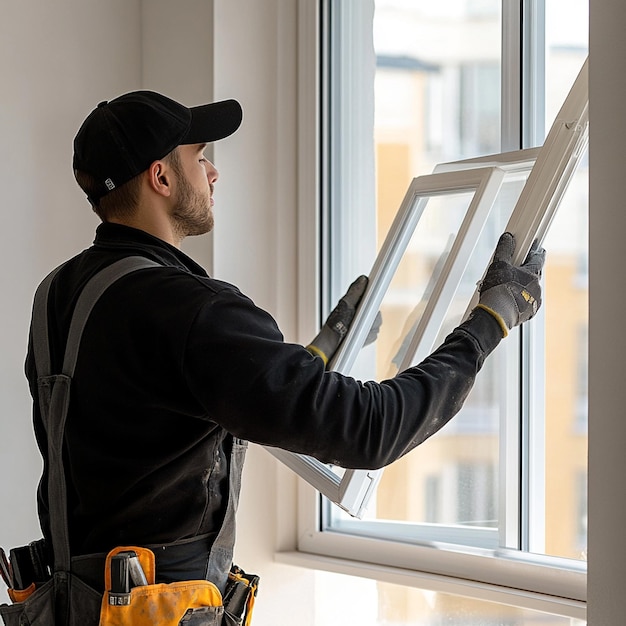 Photo professional window installation service worker is dressed in black workwear