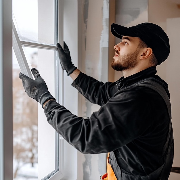 Photo professional window installation service worker is dressed in black workwear