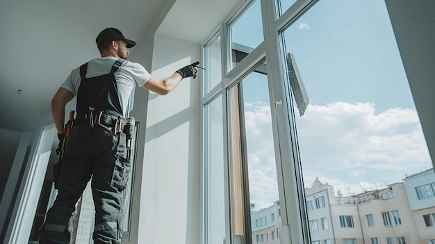 professional window installation service worker is dressed in black workwear