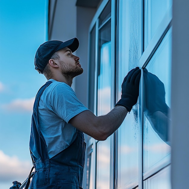 Photo professional window installation service worker is dressed in black workwear