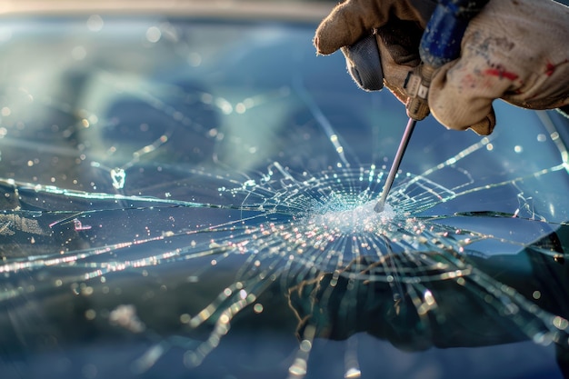 Photo professional windshield replacement and automotive repair in a modern car workshop