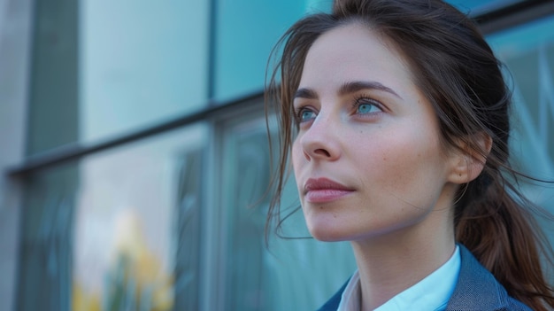 A professional woman in a business suit looks off into the distance focused on something else