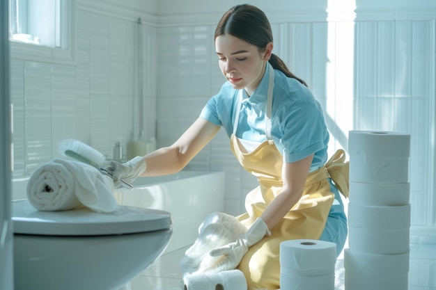 Professional woman cleaning toilet in bright bathroom with paper towels product ad style photo