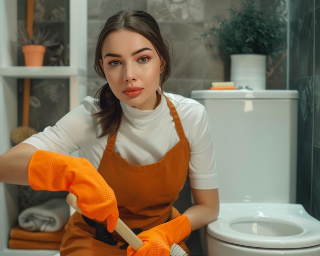 Professional woman cleaning toilet with brush in stylish bathroom interior stock photo concept