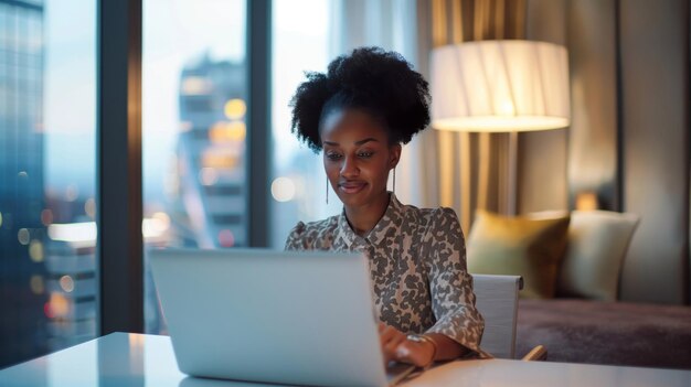 Professional woman conducts a video conference from her office at twilight