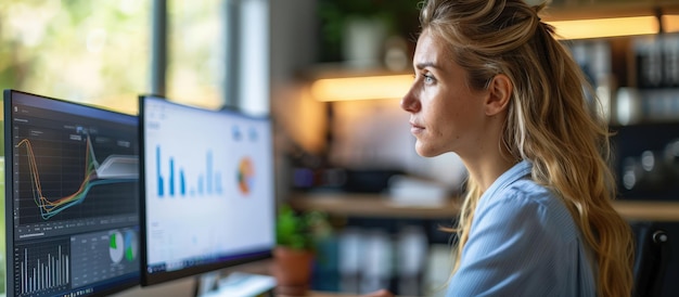 A professional woman deeply focused on analyzing data displayed on dual monitors in a modern office setting with natural light