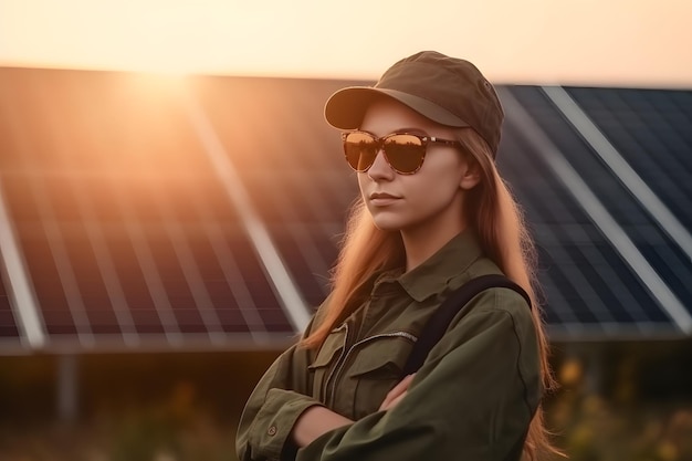 Professional woman engineer looking away with pleasure smile while working at ecological green field with solar panels Photovoltaic power station concept Generative ai