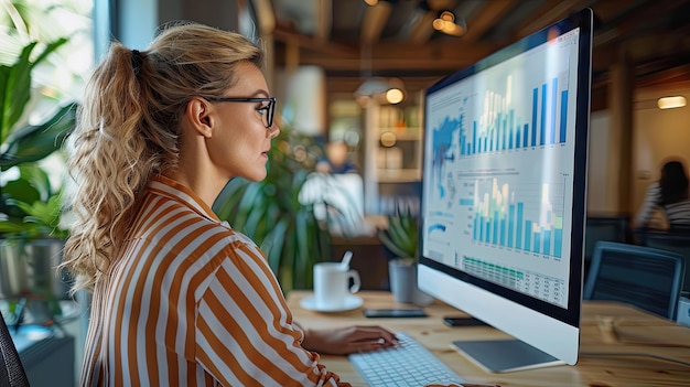 Professional woman examining data on computer monitor