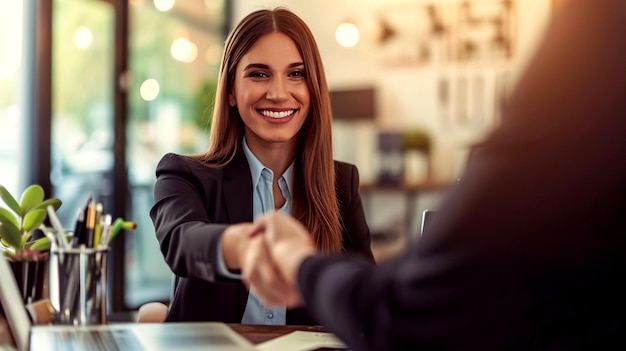 Professional Woman Handshaking at Job Interview in Modern Office