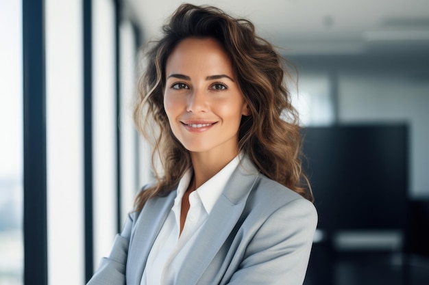 A professional woman joyfully smiles in an office building embodying confidence and success hiring image for startups