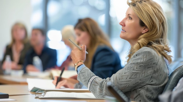 Photo professional woman leading a seminar with attendees taking notes