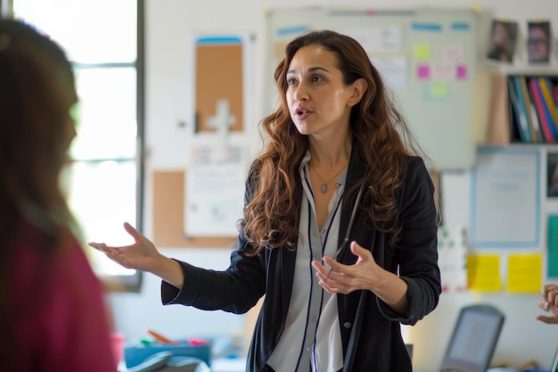 Professional woman leads a discussion on a project