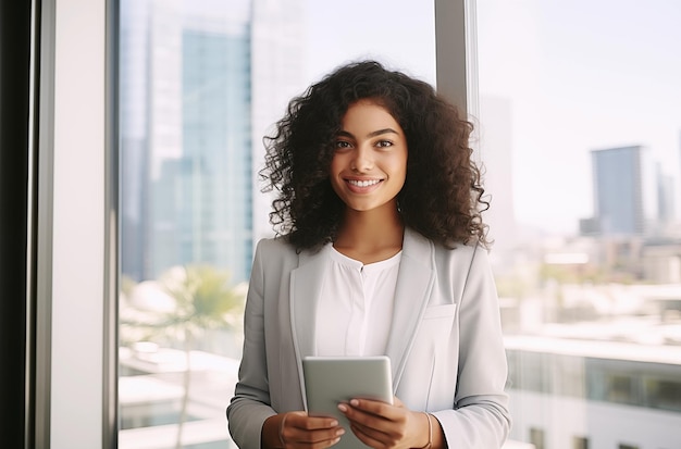 A professional woman in a light gray suit smiling and holding a tablet with a cityscape view through the window