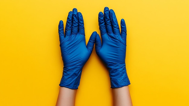 Photo professional woman putting on blue latex gloves on yellow background