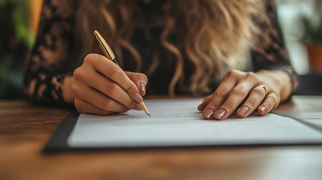 Photo professional woman signing document at wooden table closeup